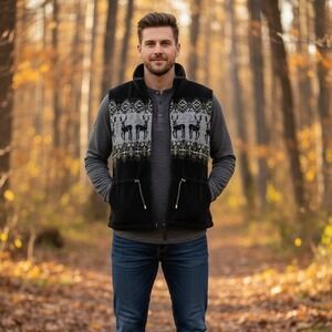 County‎ Clothing Company Vest Men's Small Black Fleece Full Zip Deer Winter Y2K